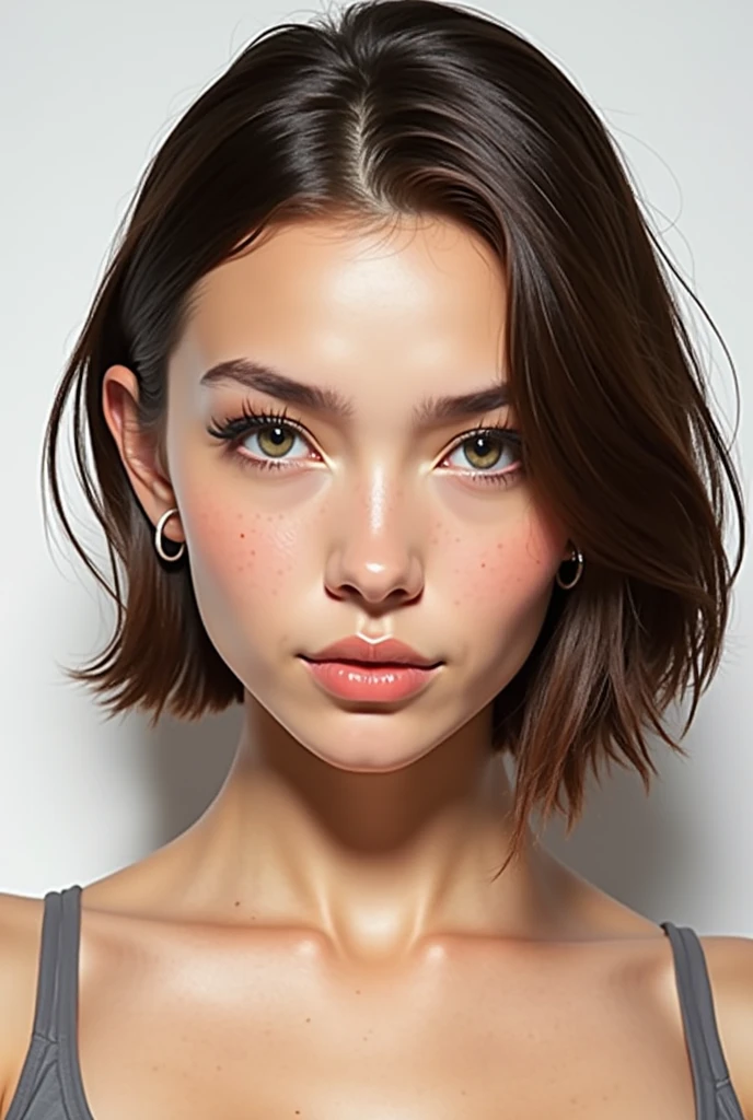 8k、realist、detailed face、mouth details、detailed eyes、wet skin、standing、risa、Shooting from behind、((Large and ample breasts))、sportswear、training gym、(moles on the face)、Brown hair、bob cut、Shoot the whole body from the side.
