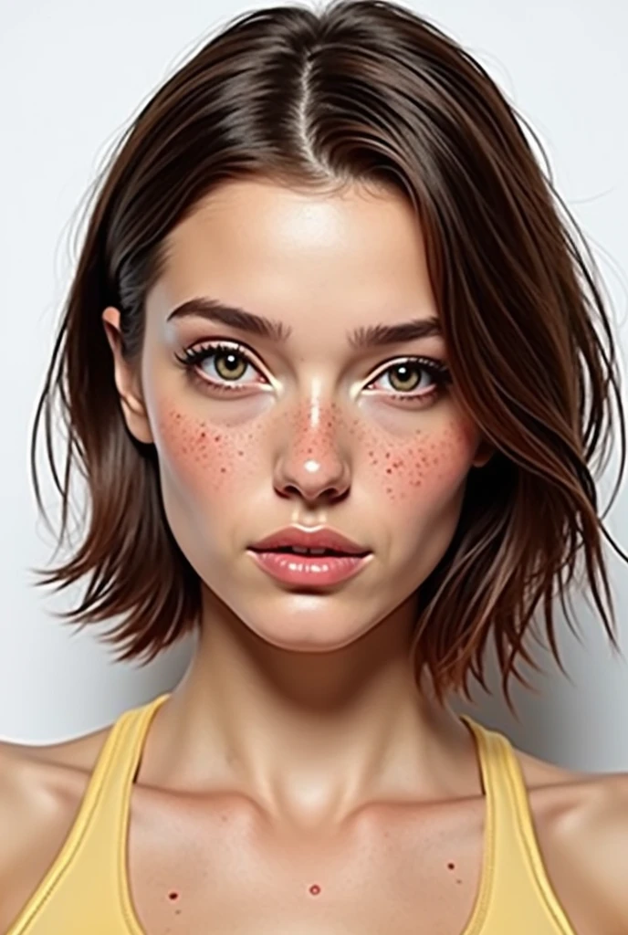 8k、realist、detailed face、mouth details、detailed eyes、wet skin、standing、risa、Shooting from behind、((Large and ample breasts))、sportswear、training gym、(moles on the face)、Brown hair、bob cut、Shoot the whole body from the side.