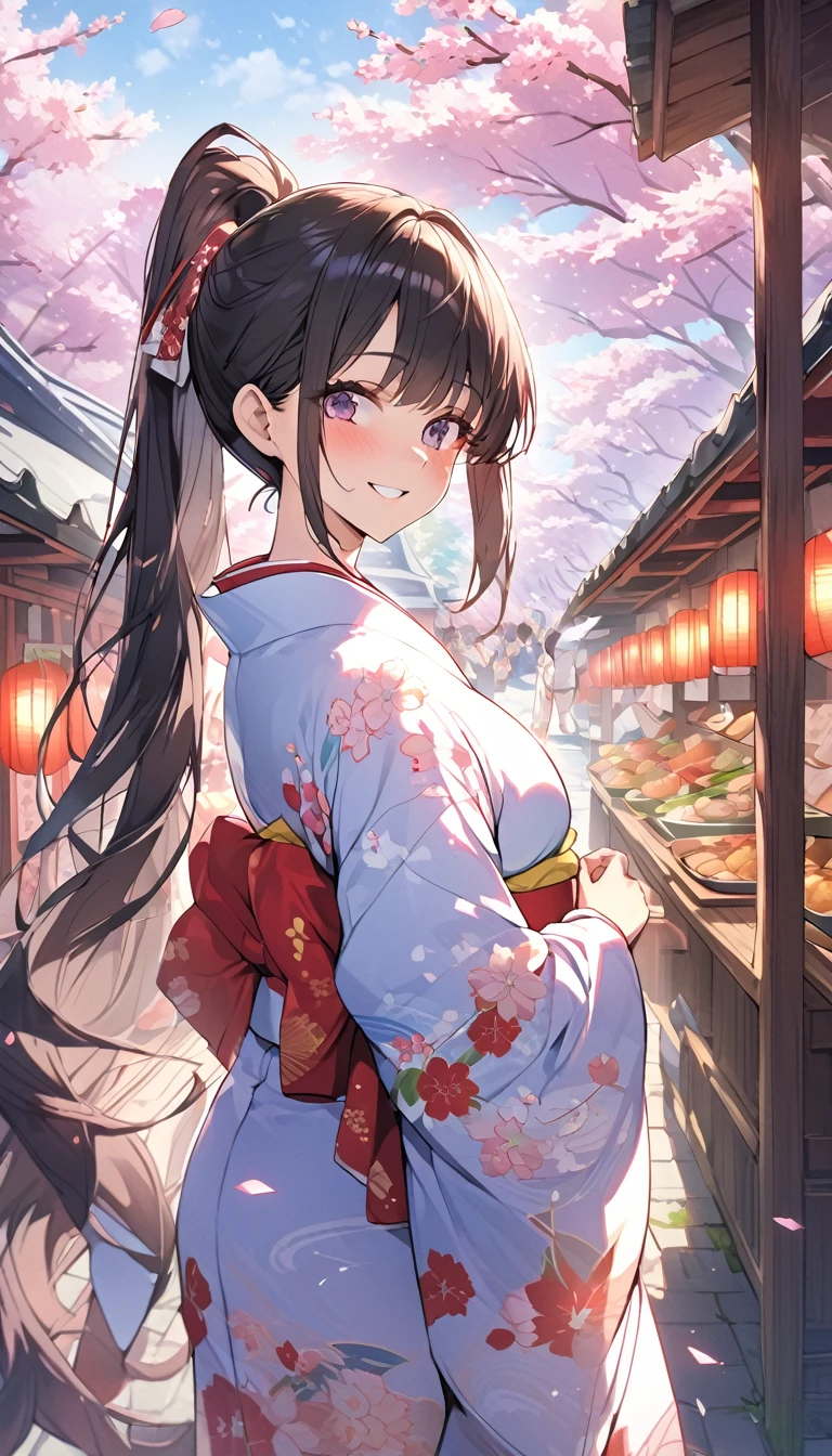 One Woman、beautiful girl、night、nightcherry blossoms、kimono、Beautiful patterned kimono、ponytail、Waraji、School、Back of the school building、spring、cherry blossoms々、はためくcherry blossomsの花びら、Long Hair、Highest quality、Ultra HD、Black Hair、smile、8 heads、White tabi socks、Japanese Umbrella、smile、Cowboy Shot、festival、Many food stalls、Beautiful views、Turn your body forward.