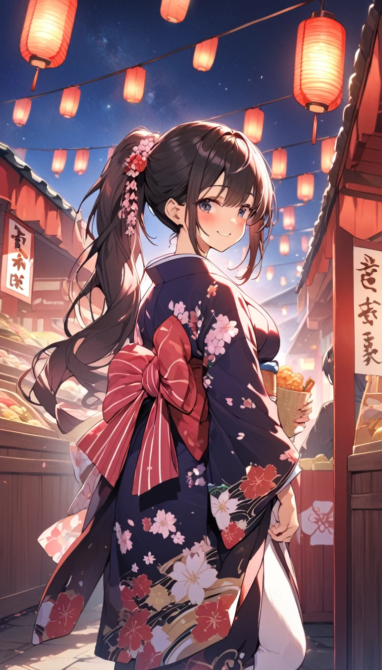 One Woman、beautiful girl、night、nightcherry blossoms、kimono、Beautiful patterned kimono、ponytail、Waraji、School、Back of the school building、spring、cherry blossoms々、はためくcherry blossomsの花びら、Long Hair、Highest quality、Ultra HD、Black Hair、smile、8 heads、White tabi socks、Japanese Umbrella、smile、Cowboy Shot、festival、Many food stalls、Beautiful views、Turn your body forward.