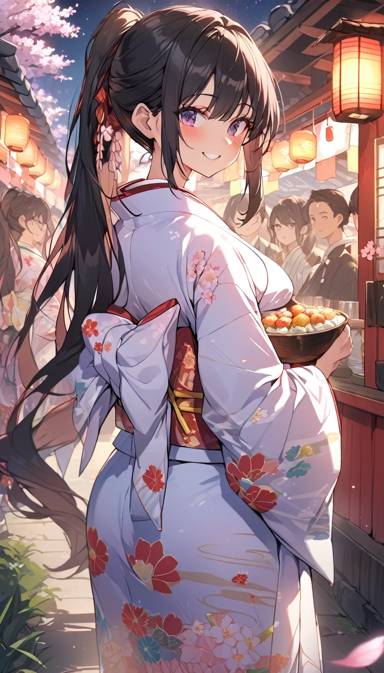 One Woman、beautiful girl、night、nightcherry blossoms、kimono、Beautiful patterned kimono、ponytail、Waraji、School、Back of the school building、spring、cherry blossoms々、はためくcherry blossomsの花びら、Long Hair、Highest quality、Ultra HD、Black Hair、smile、8 heads、White tabi socks、Japanese Umbrella、smile、Cowboy Shot、festival、Many food stalls、Beautiful views、Turn your body forward.