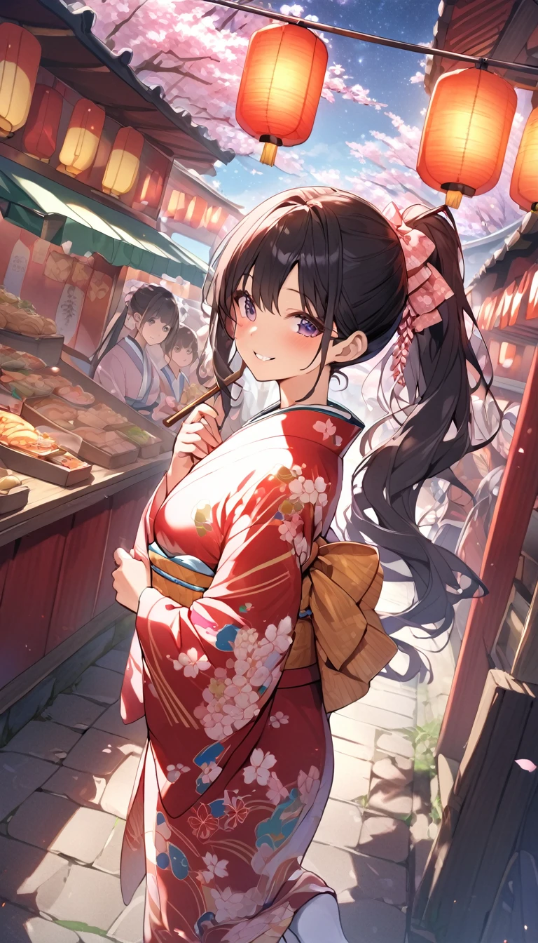 One Woman、beautiful girl、night、nightcherry blossoms、kimono、Beautiful patterned kimono、ponytail、Waraji、School、Back of the school building、spring、cherry blossoms々、はためくcherry blossomsの花びら、Long Hair、Highest quality、Ultra HD、Black Hair、smile、8 heads、White tabi socks、Japanese Umbrella、smile、Cowboy Shot、festival、Many food stalls、Beautiful views、Turn your body forward.