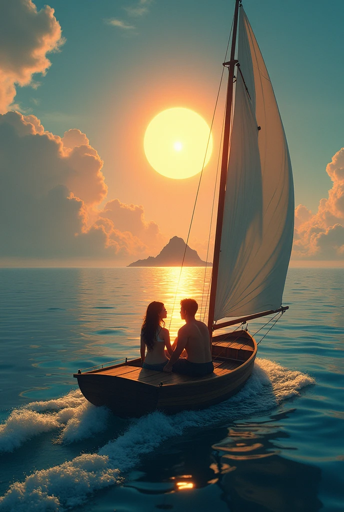 THE GIRL Liz and Jhon Luis sailing in a boat towards the island, with the magical light of the island visible on the horizon. U  V