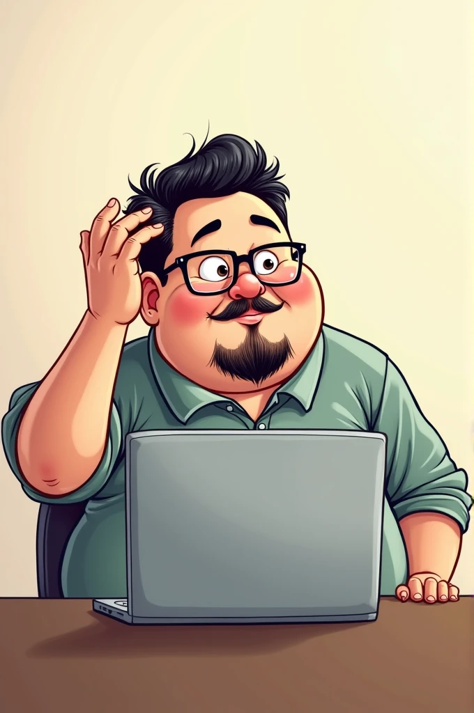 Cartoon Asian fat man wearing glasses with beard scratch the head in front laptop 