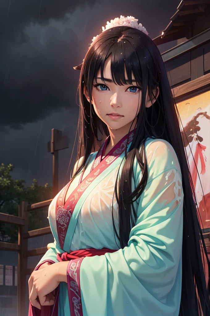 field、Meadow、There are no buildings、 (Highest quality,4K,8k,High resolution,masterpiece:1.2), Very detailed, (Realistic,Realistic,Photorealistic:1.37), High resolution, Hyper HD, Studio Lighting, Ultra-fine painting, Sharp focus, Physically Based Rendering, Very detailed説明, Professional, Vibrant colors, Bokeh, Sports Late, Ancient War Landscapes, Traditional Chinese Painting Techniques, Atmospheric lighting, Vivid color contrast, Visually stunning composition, Ethereal atmosphere,Very detailed目と顔, Beautiful attention to detail, Light on the face, (Hanfu: 1.1),My whole body is wet、My clothes are wet and transparent、Nipples are visible、nipples color pale pink、Dynamic pose、Rain clouds spreading across the sky、Heavy rain weather、Pouring rain、Wind and rain storm、((Soaked skin from head to toe))、((Rain-soaked clothes(Rain dripping from clothes))、((The lines of your body are clearly visible through your wet clothes..))、Green Eyes