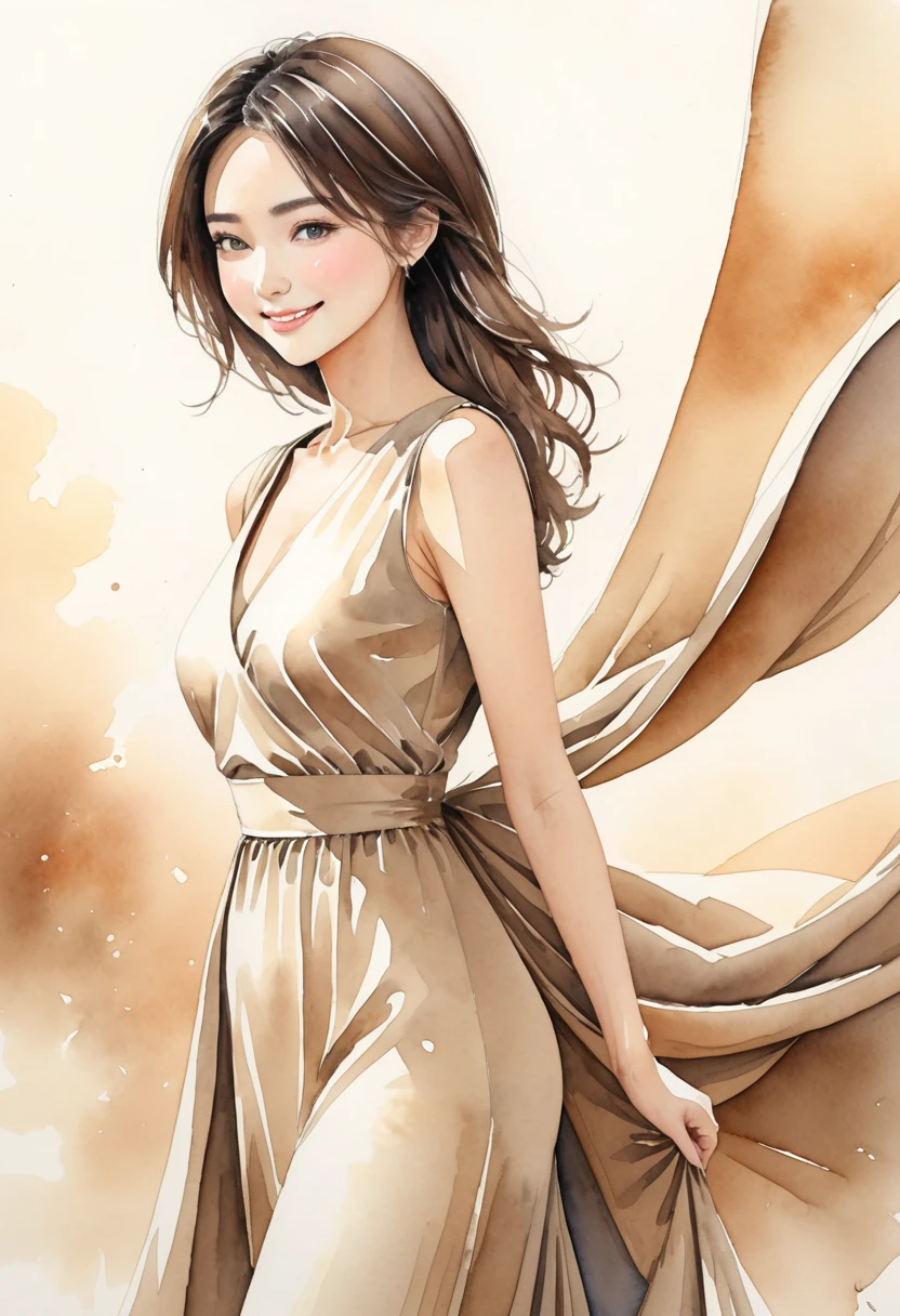 8K,Masterpiece,Top Quality,Dynamic Pose,Beautiful Woman with Long Hair,Smile: 1.6,Japanese Beauty,Create an image of a sleeveless dress with a classic and sophisticated silhouette. The dress features an asymmetrical design with draping that extends diagonally from the left shoulder to the right side, adding a sense of depth and elegance. The fit is tight from the waist down, following the contours of the body, and the length of the dress reaches just below the knees, making it a midi dress. The color of the dress is a muted beige, which enhances its understated yet refined appearance. The dress is plain without any patterns, with the drape and fitted silhouette being the main highlights,((Watercolor))