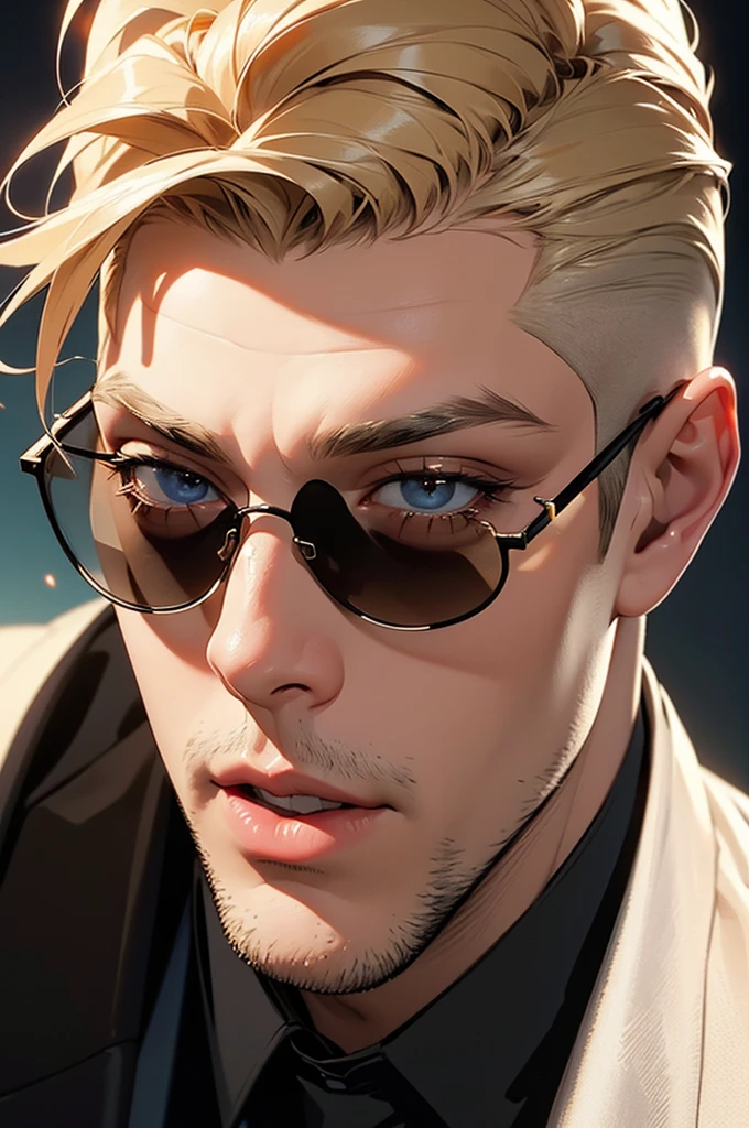 a buff man with dirty blonde shaved upper cut hair wearing sunglasses, head shot, extremely detailed face, realistic portrait, studio lighting, cinematic, dramatic lighting, vibrant colors, high contrast, photorealistic, 8k, hyper detailed