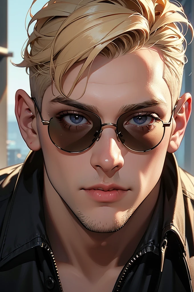 a buff man with dirty blonde shaved upper cut hair wearing sunglasses, head shot, extremely detailed face, realistic portrait, studio lighting, cinematic, dramatic lighting, vibrant colors, high contrast, photorealistic, 8k, hyper detailed