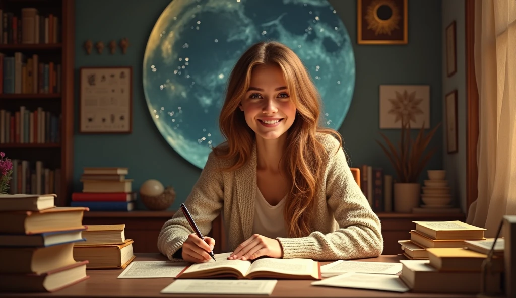 A friendly and inviting image of a person sitting at a desk with astrological books and charts, smiling at the camera. The Moon is visible in the background, creating a welcoming and engaging atmosphere. --ar 16:9