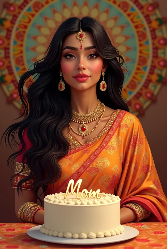 Mother in indian aesthetic outfit skin colour vitiligo kurti in mehendi colour with a lots of detailed mandala work with bangles earings and one jewellery on neck hair open with cutting bday cake and cake in vannila flavour in full white colour and upon the cake it is written mom