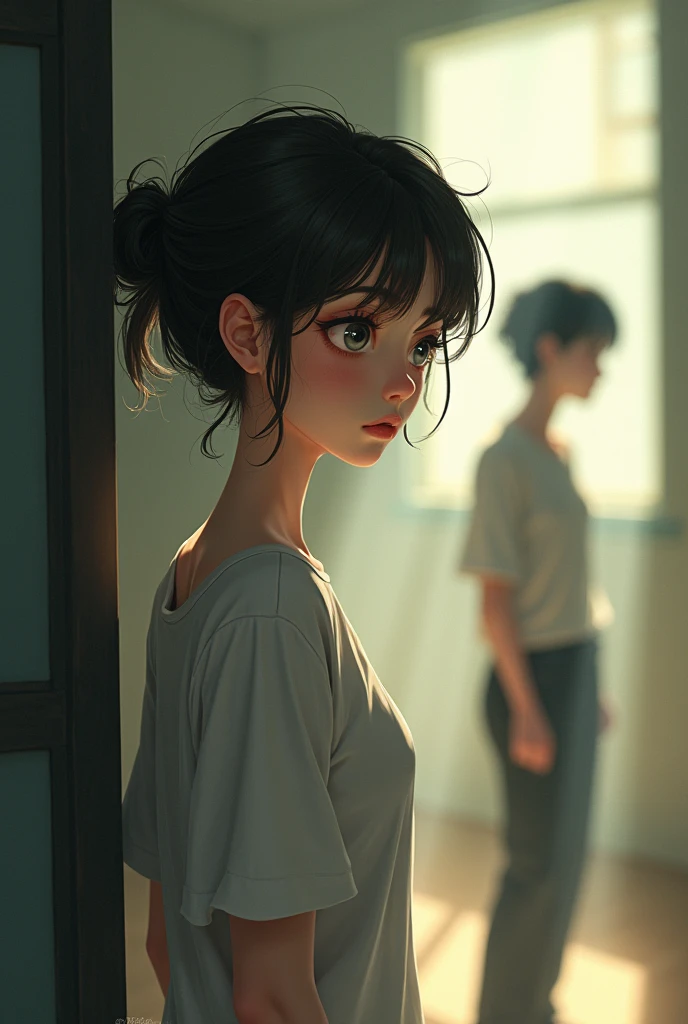 A animated woman looking back to a man with a sad emotion