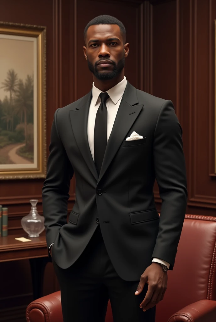 Generate an image of a black, tall handsome and classy man in a nice interior setting