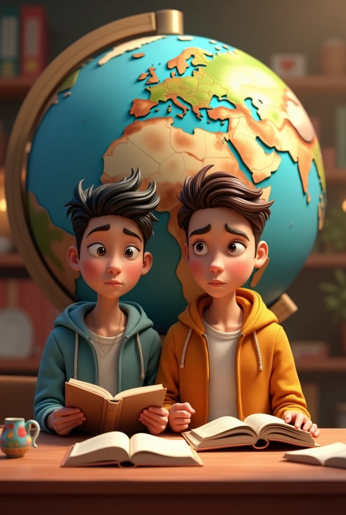 2 pixar-style teenagers each reading a book and the globe behind them