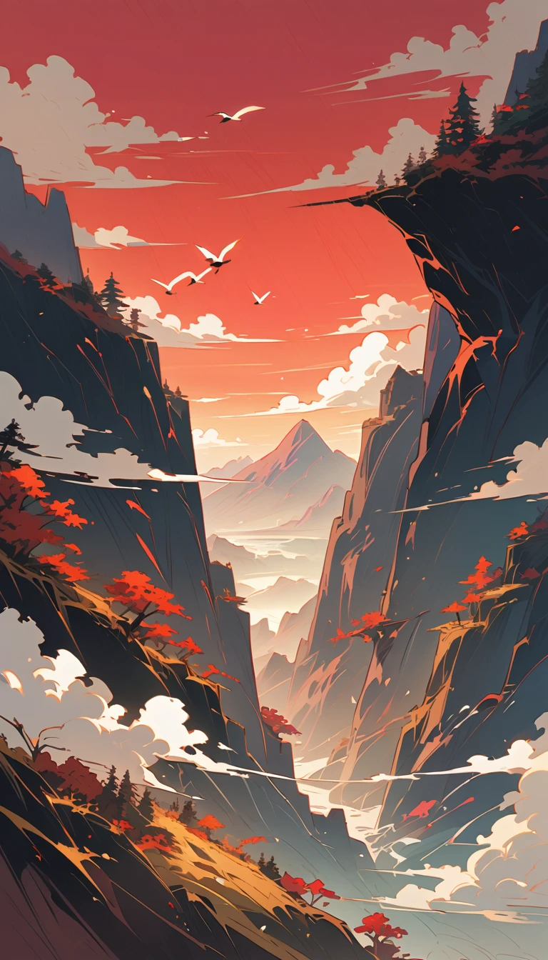 pine, Thousand Miles of Rivers and Mountains, Muscular man climbing a mountain, Flying cranes, Lacquer、Comfort、Mountains, Gold Leaf, The minimalist composition of Chinese landscape painting、red sky solid color, illustration