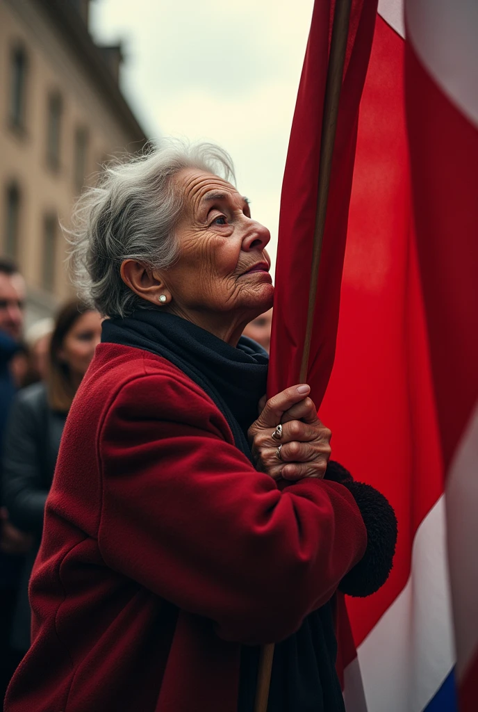 Photo of a grandmother kissing the red and white flag in the middle" great democracy"an.