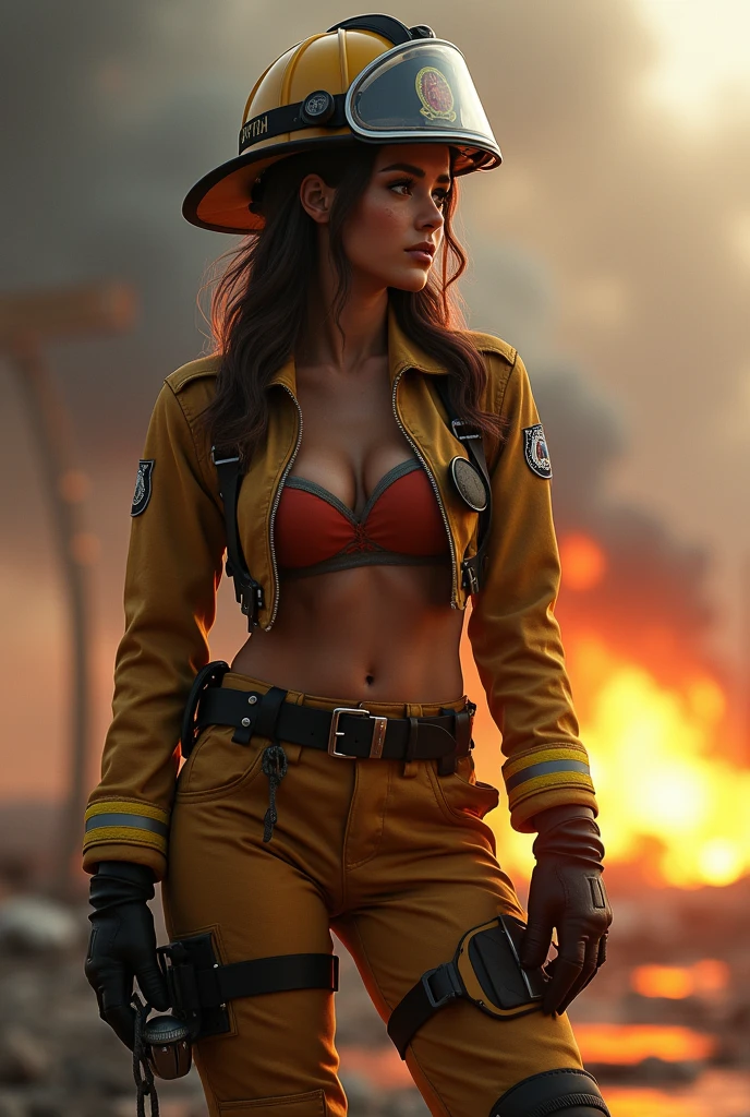 ((masterpiece, highest quality, Highest image quality, High resolution, photorealistic, Raw photo, 8K)), ((Extremely detailed CG unified 8k wallpaper)), (huge stunning goddess shot, very hot and sexy, jaw-dropping beauty, perfect proportions, beautiful body, slim body beauty:1.4),  fire fighter girl, small boobs, slim, skinny, fit wearing the outfit 