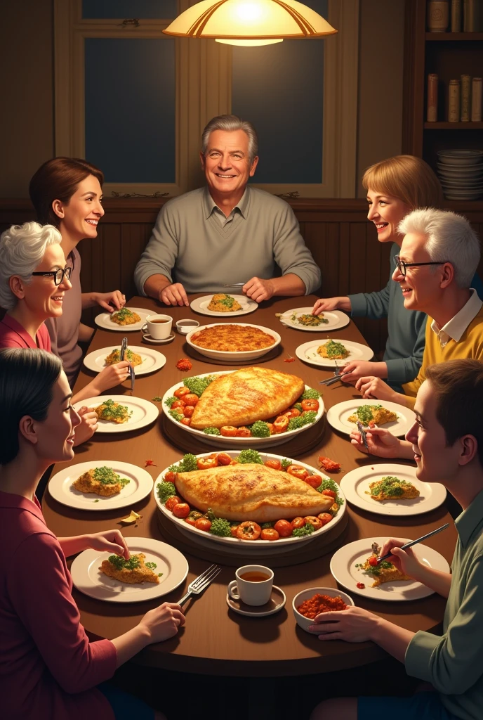 people gathered around a large table enjoying a dish of baked cod