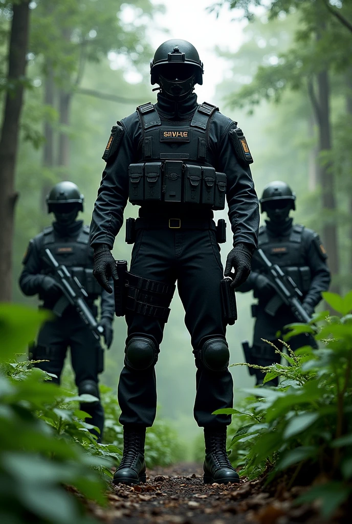 Soldier with black military equipment 2'45 meters tall with black In the middle of a forest next to other soldiers shows the differences in size
