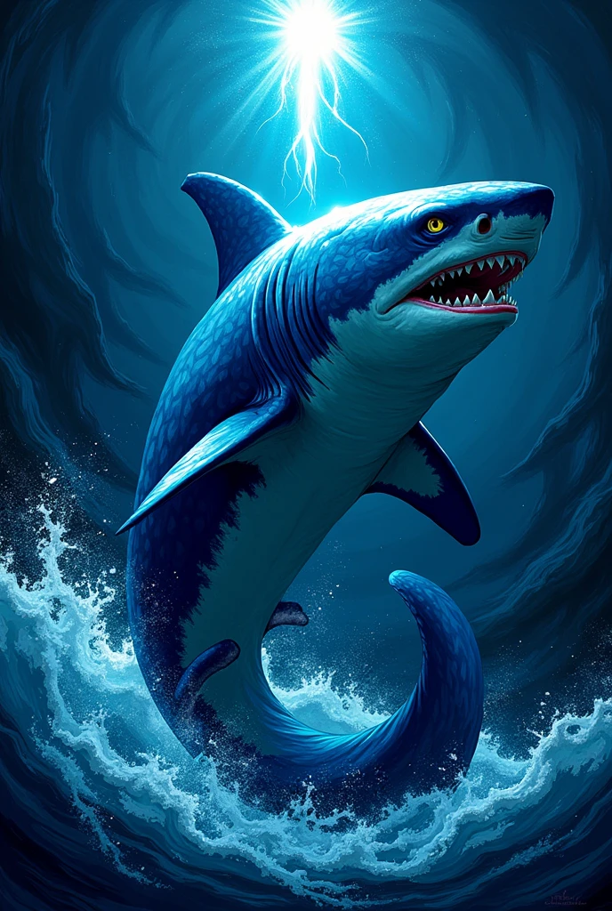 wild blue shark with a torch in graphic style