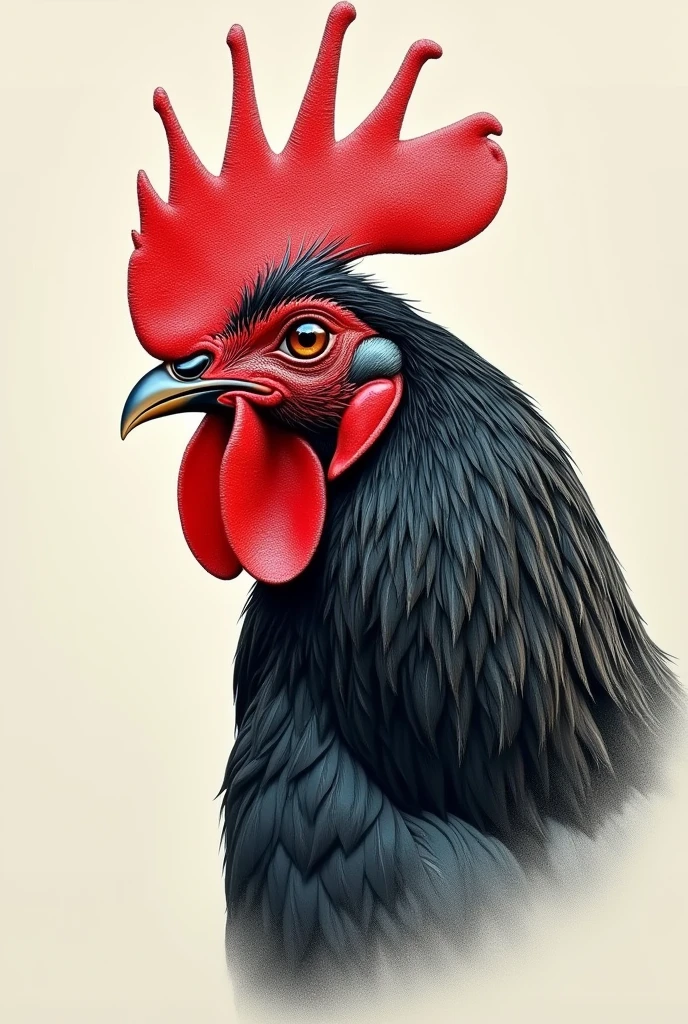 a-drawing-of-a-rooster-with-a-red-peacock-feather-on-it 
