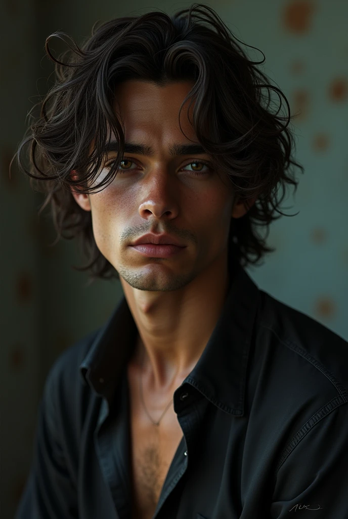 Make an 18 year old MAN very dark with long curly dark brown hair, lean physique with muscle