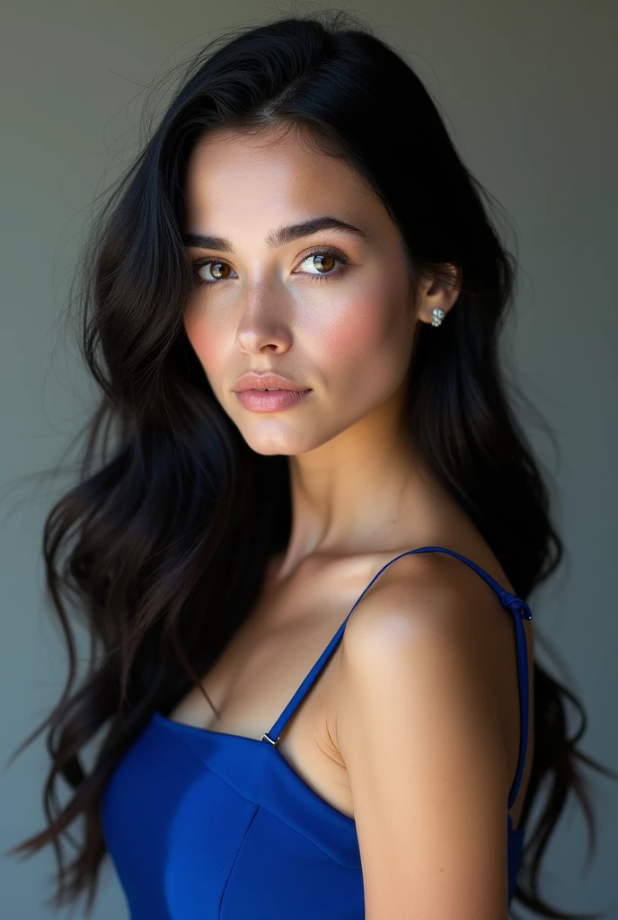 Young woman of 2, black hair with falling waves, hazel eyes, Pale skin, strong factions, europea, calm expression, royal blue sleeveless dress, looking to the camera