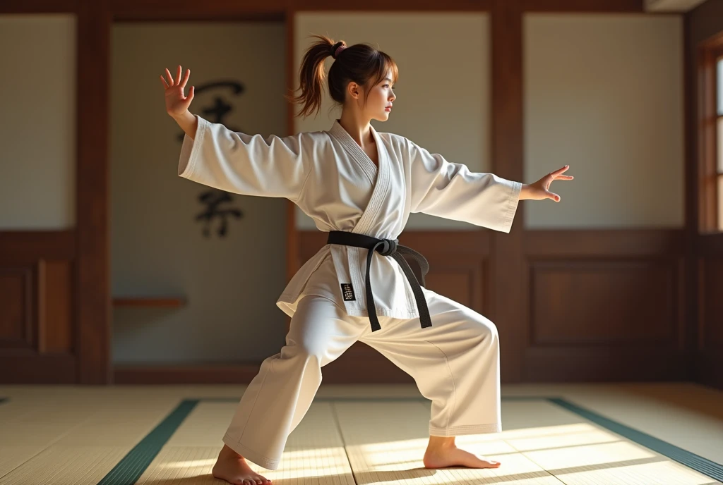 Karate pose , Side view , Full- body, beautiful Japanese, 18-year-old, (Light brown hair, short pony tail , Brown fringe eyes, Beautiful Lips), (middle Breasts, , middle Hips) ,((Karate clothes, Karate underwear, Black obi)), (White underwear), At the Karate Dojo, Standing on tatami mat, Textured skin ,((Surrealism, Fujicolor, Fujifilm, UHD, retina, masterpiece, accurate, anatomically correct, textured skin, super detail, high details, high quality, best quality, 8k))