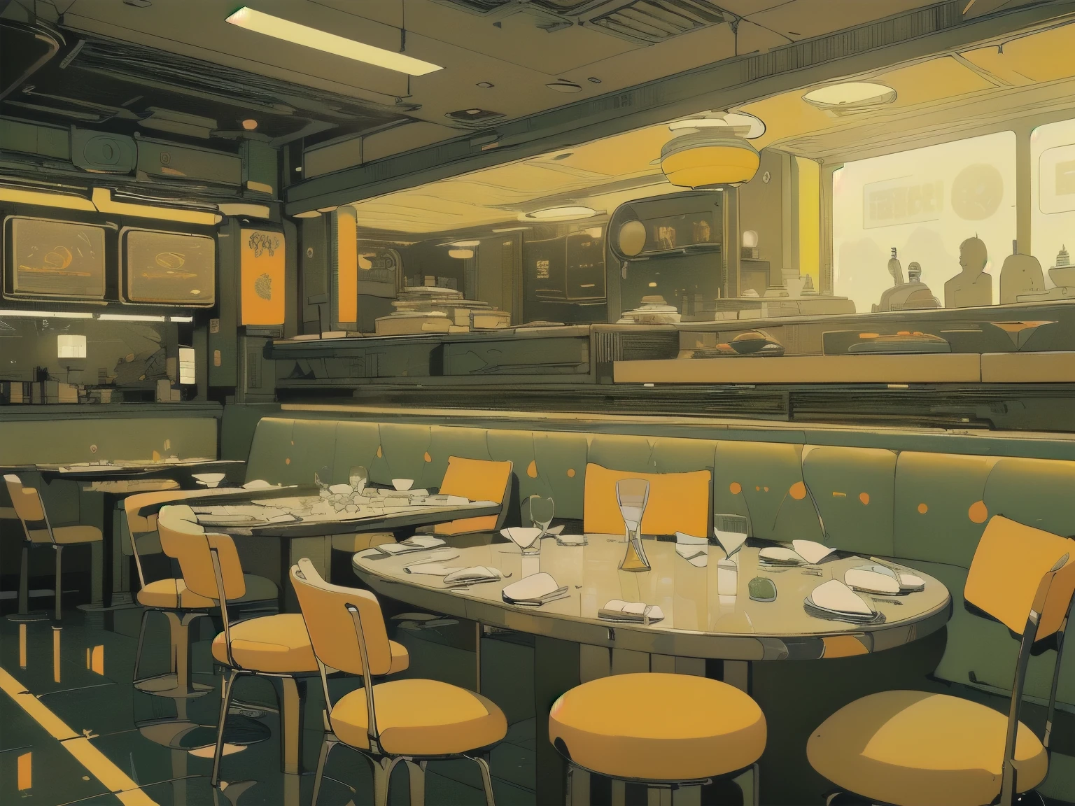 (((masterpiece, Highest quality))), (((32K Wallpapers))), Ultra-high resolution, Gorgeous light leaks, (((Backlight))), Highly detailed background, Highest quality, (((((No humans))))), Futuristic empty restaurant、 (((Yellow sign))),  ((((Perfect and detailed、There are many dishes and foods available))), (((Ultra-detailed futuristic restaurant)))、Yellow and orange logo、(((Japanese Restaurant)))