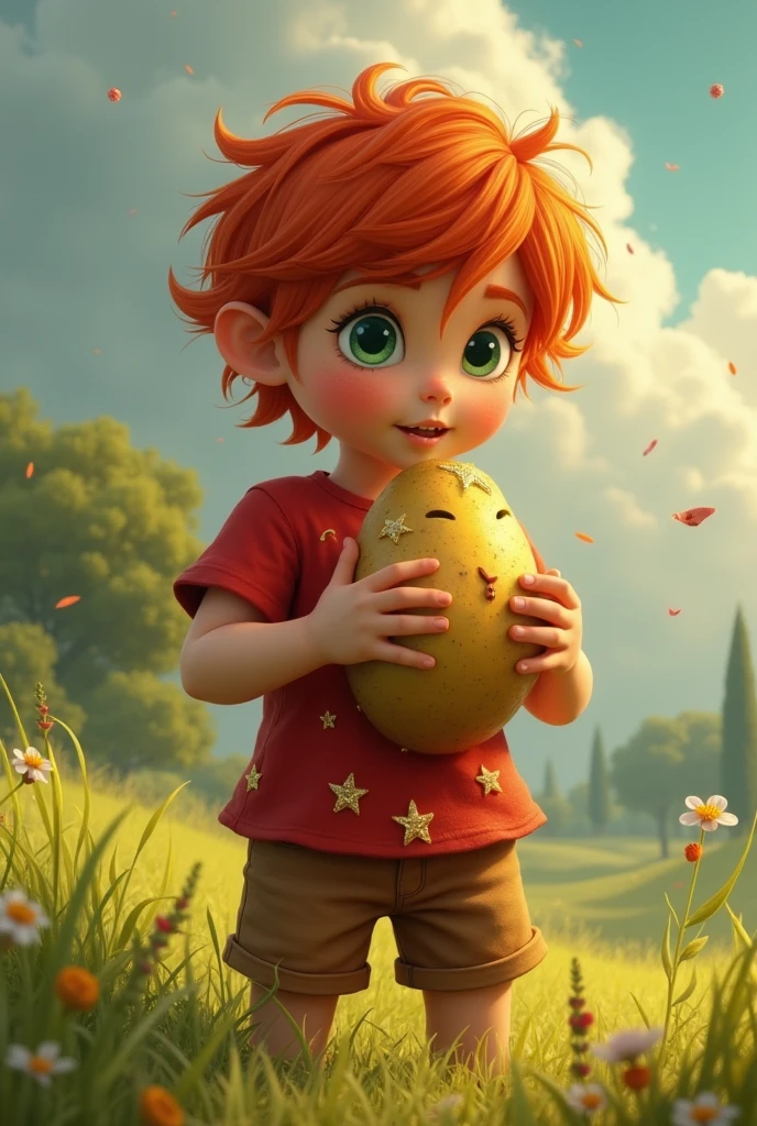 Fait moi un petit garcon qui joue de l'ocarina en forme de patate avec un t-shirt rouge avec des etoile dessus, un short maron, les cheveux rouge et les yeux vert