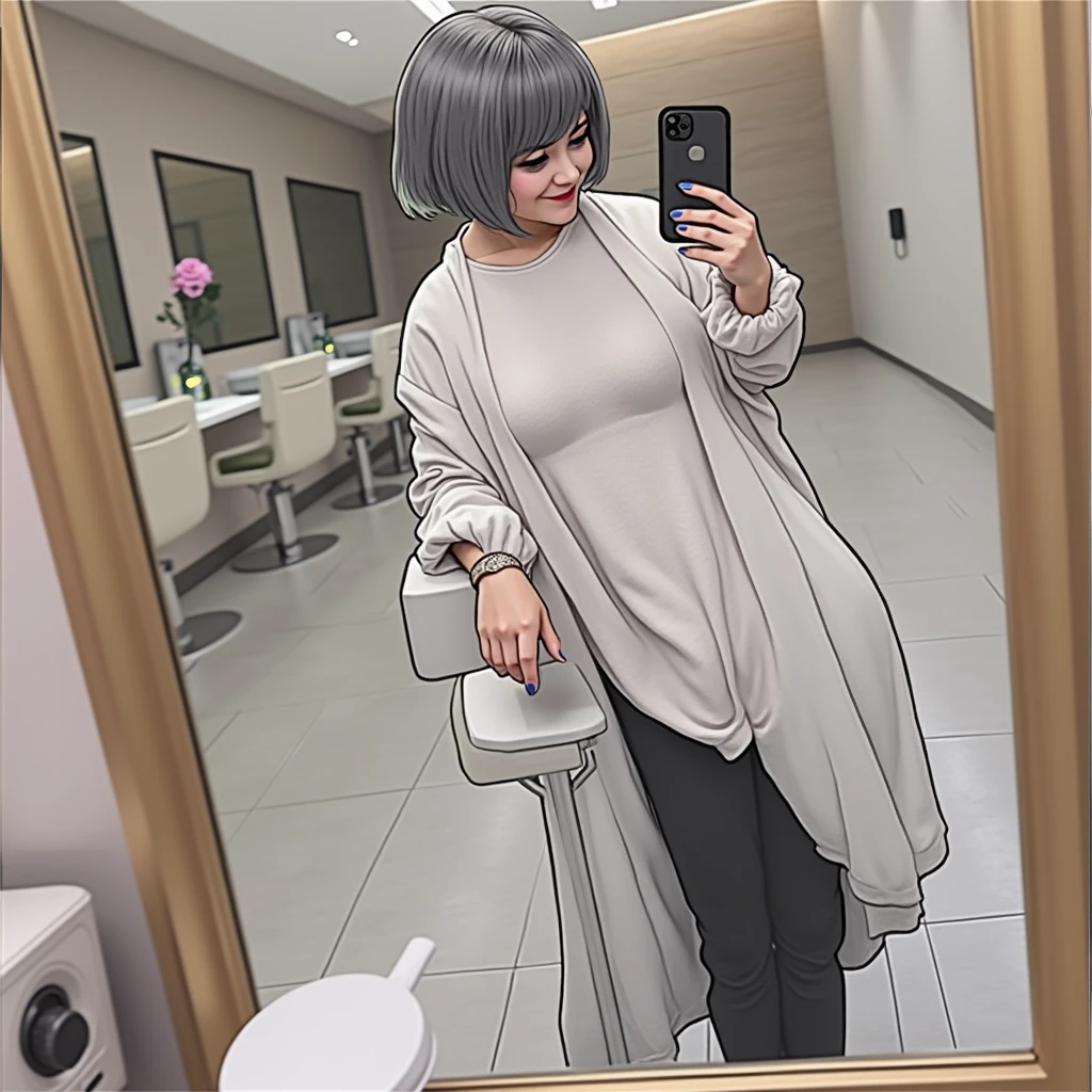 RAW photo, best quality, masterpiece, photorealistic, Polish girl, 20 years old, black hair, Light grey eyes, short bob cut, hair in 7 thirds, hair over one ear, Symmetrical eyes, Detailed Skin, Detailed face, Detailed hands, Big Breasts, rip gloss, She is getting a haircut in a stylish beauty salon, taking a selfie in the mirror, full body, iPhone 15, staring at smartphone, smiling