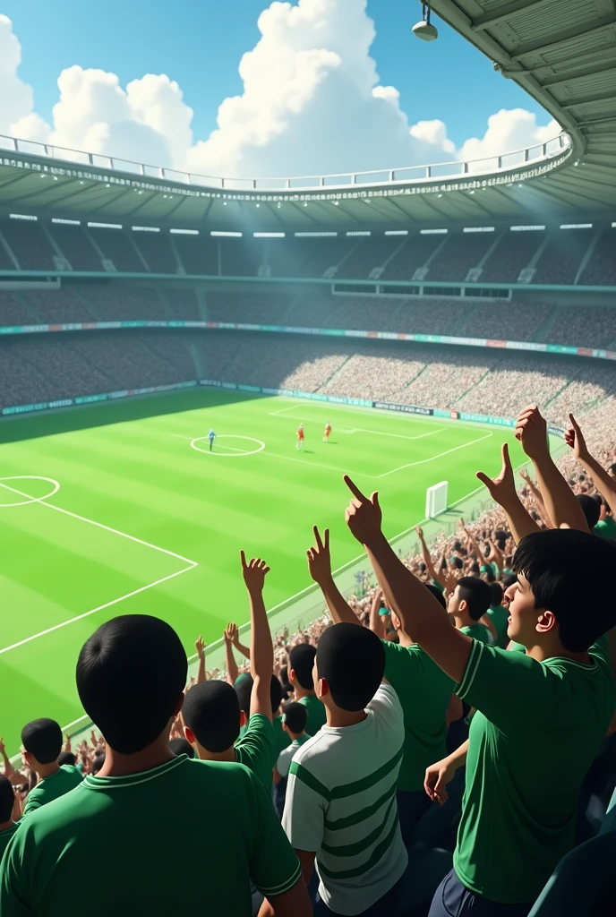 (photorealism:1.2), full tribune of football fans on green-white colors are shouting name "Gyokeres", camera above the stadium, from long distance 