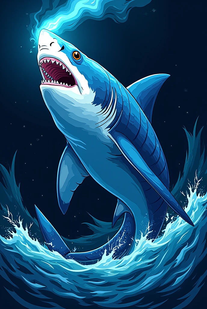 wild blue shark with a torch in graphic style