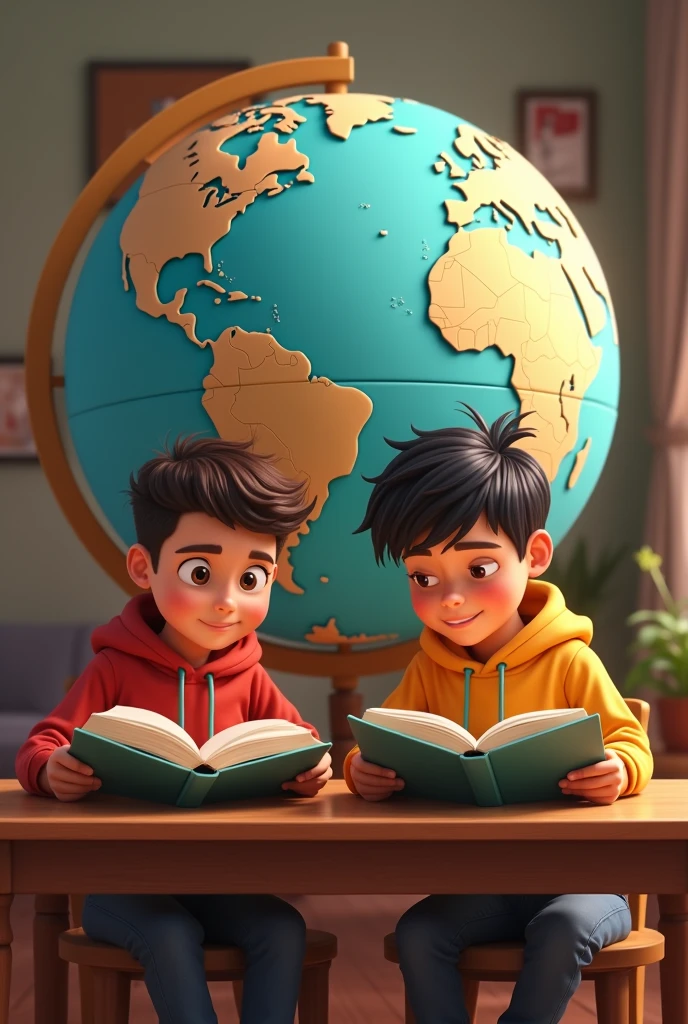 2 pixar-style teenagers each reading a book and the globe behind them