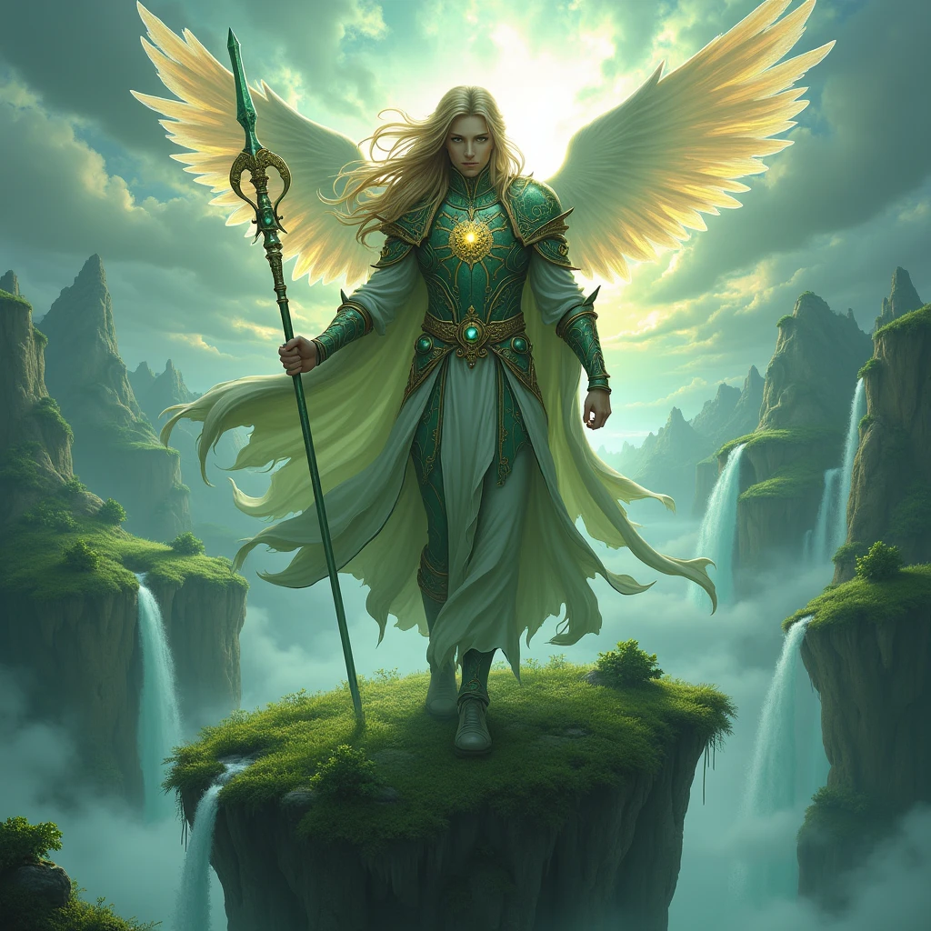 (Guardian of the Enchanted Isles:1.4), (fantasy art style:1.4), (masterpiece:1.4, best quality), (photo realistic:1.4), majestic figure standing tall on a floating island, surrounded by swirling mist and ethereal light, wearing ancient, ornate armor with glowing runes, long flowing hair that dances with the wind, (piercing gaze:1.2), (deep, reflective eyes:1.2), holding a staff that emanates a soft, radiant light, wings made of shimmering crystals that catch the light of the distant sun, (vibrant and lush landscape:1.2), (floating islands with cascading waterfalls:1.2), (mystical flora and fauna:1.2), dynamic composition with strong contrasts, rich textures, dramatic lighting, ((vivid greens:1.2)), (deep blues:1.2), (golden accents:1.2), (((complex background:1.2))), ((high-quality and detailed)), enchanting atmosphere, otherworldly beauty, captivating features, transcendent and unique, perfect image quality, powerful and serene presence