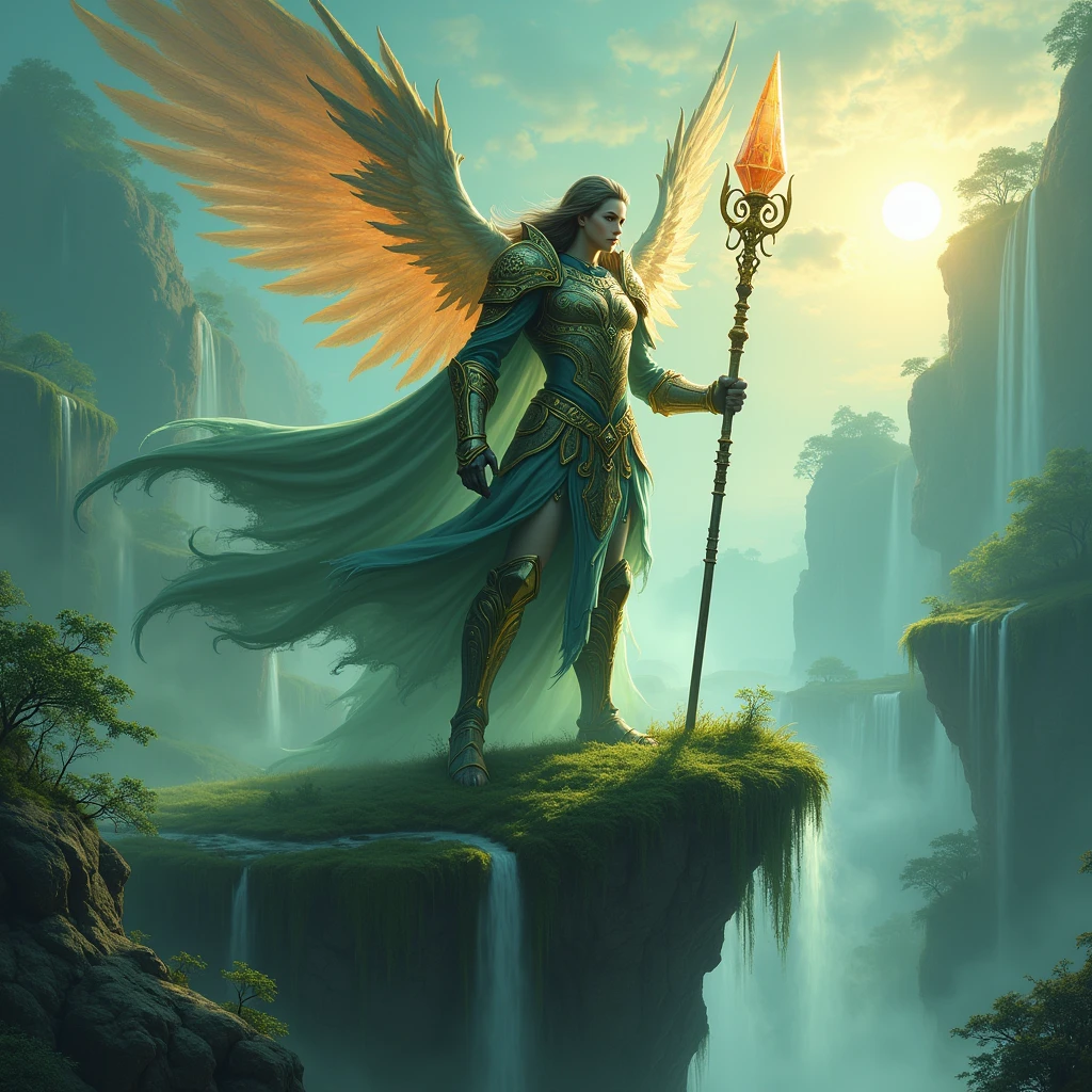 (Guardian of the Enchanted Isles:1.4), (fantasy art style:1.4), (masterpiece:1.4, best quality), (photo realistic:1.4), majestic figure standing tall on a floating island, surrounded by swirling mist and ethereal light, wearing ancient, ornate armor with glowing runes, long flowing hair that dances with the wind, (piercing gaze:1.2), (deep, reflective eyes:1.2), holding a staff that emanates a soft, radiant light, wings made of shimmering crystals that catch the light of the distant sun, (vibrant and lush landscape:1.2), (floating islands with cascading waterfalls:1.2), (mystical flora and fauna:1.2), dynamic composition with strong contrasts, rich textures, dramatic lighting, ((vivid greens:1.2)), (deep blues:1.2), (golden accents:1.2), (((complex background:1.2))), ((high-quality and detailed)), enchanting atmosphere, otherworldly beauty, captivating features, transcendent and unique, perfect image quality, powerful and serene presence