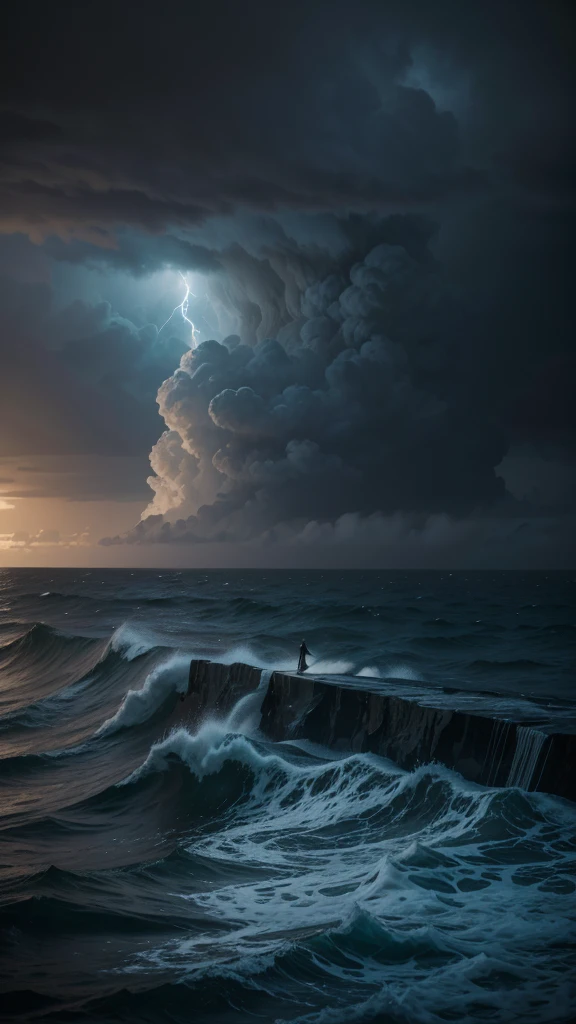 A hauntingly beautiful scene featuring a powerful female figure standing on the edge of a dramatic cliff overlooking a vast, stormy ocean. The sky is filled with dark, swirling clouds illuminated by flashes of lightning. Her flowing, ethereal gown billows in the fierce wind, blending with the mist and ocean spray. In the distance, ghostly shipwrecks are visible, with towering waves crashing against them. The atmosphere is both epic and melancholic, capturing the intense emotions of love, loss, and longing. The mood is dark yet majestic, with a gothic, symphonic touch.