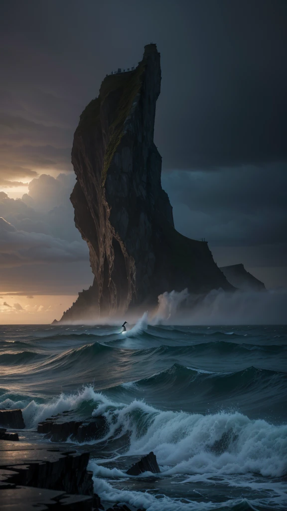 A hauntingly beautiful scene featuring a powerful female figure standing on the edge of a dramatic cliff overlooking a vast, stormy ocean. The sky is filled with dark, swirling clouds illuminated by flashes of lightning. Her flowing, ethereal gown billows in the fierce wind, blending with the mist and ocean spray. In the distance, ghostly shipwrecks are visible, with towering waves crashing against them. The atmosphere is both epic and melancholic, capturing the intense emotions of love, loss, and longing. The mood is dark yet majestic, with a gothic, symphonic touch.