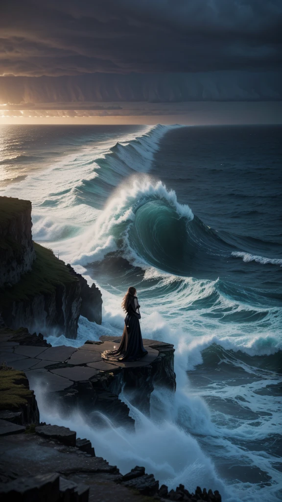 A hauntingly beautiful scene featuring a powerful female figure standing on the edge of a dramatic cliff overlooking a vast, stormy ocean. The sky is filled with dark, swirling clouds illuminated by flashes of lightning. Her flowing, ethereal gown billows in the fierce wind, blending with the mist and ocean spray. In the distance, ghostly shipwrecks are visible, with towering waves crashing against them. The atmosphere is both epic and melancholic, capturing the intense emotions of love, loss, and longing. The mood is dark yet majestic, with a gothic, symphonic touch.