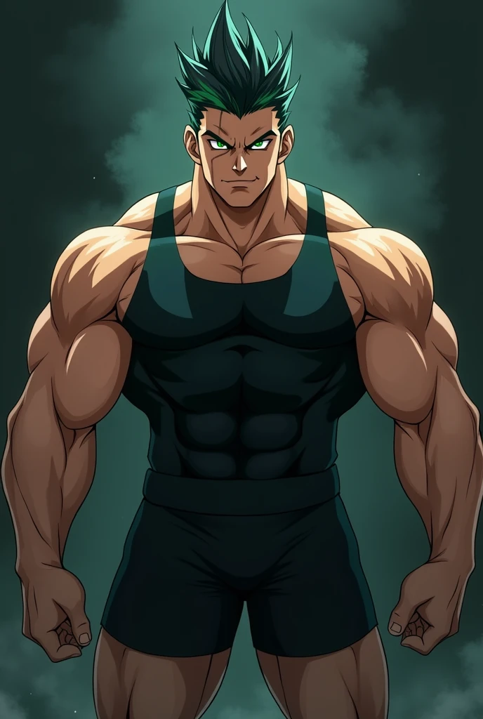 anime boy, stocky body, authoritarian gaze, black and neon green fade hair, jungle green eyes, serious expression, confident pose, Whole body, Front view, anime style, dramatic lighting, dark background, defined muscles, tight sportswear, details of shadows and lights