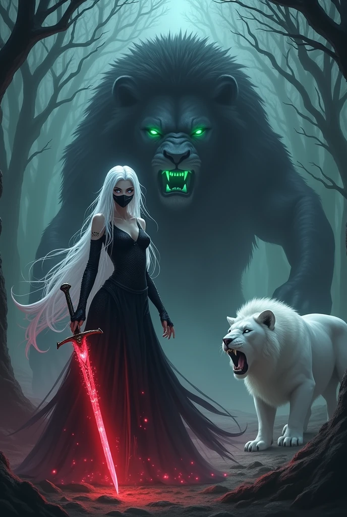  beautiful taller girl eye glowing blue aura cute face black mask  take sword glowing red aura white hair warrior black dress big white lion glowing green eyes horror background in forest big black lion roar when attack monster front side attack lion glowing skin 