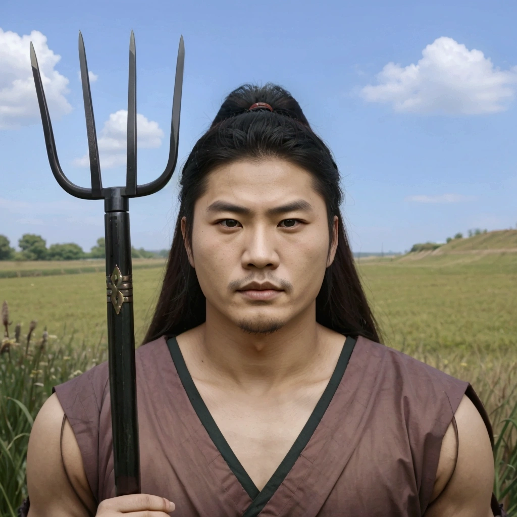 a close up of a person holding a pitchfork in a field, akira from chinese mythology, portrait of a male warrior, inspired by Fujishima Takeji, legendary god holding spear, inspired by Guan Daosheng, shikanosuke yagaki, inspired by Shen Quan, inspired by Dai Jin, inspired by Hu Zaobin, portrait of a warrior