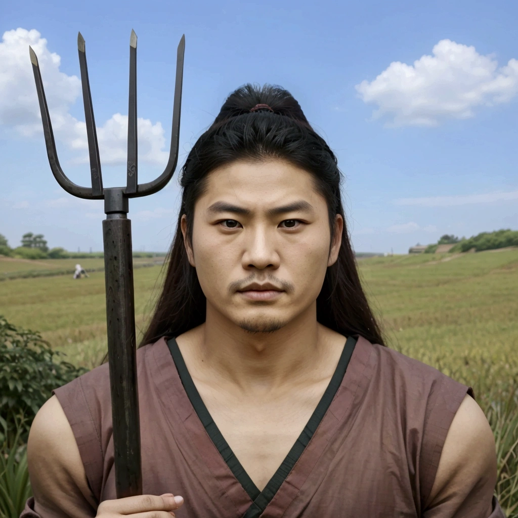 a close up of a person holding a pitchfork in a field, akira from chinese mythology, portrait of a male warrior, inspired by Fujishima Takeji, legendary god holding spear, inspired by Guan Daosheng, shikanosuke yagaki, inspired by Shen Quan, inspired by Dai Jin, inspired by Hu Zaobin, portrait of a warrior