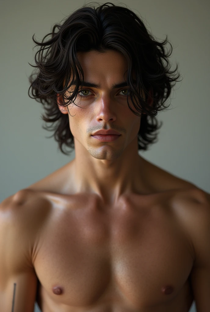 Make an 18 year old MAN very dark with long curly dark brown hair, lean physique with muscle make him naked 