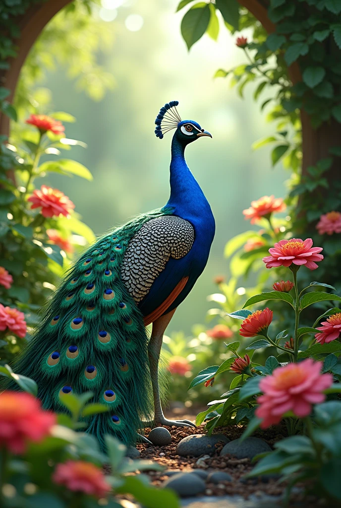 A colorful peacock spreading its feathers in a lush, green garden.