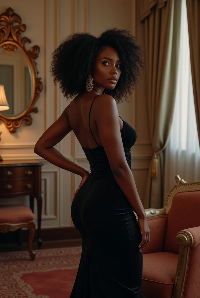 Generate an image of a black, tall curvy woman in a nice interior setting