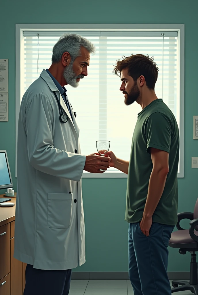 Marcelo un hombre de cabello canoso de 60 años de tez blanca Marcelo es el médico y está vestido con una bata de médico 
“John puedes sentarte”, (He offers him a glass of water and Jhon rejects it.). “John, I see you a little distant, is something wrong?”John is a tall man with brown hair, he is 2 and has dark eyes and is dressed casually and they are both in a hospital office 
(shakes his head) 
“I just want my medicines!” Marcelo opens a drawer and hands him some pills, Jhon takes them and leaves the office.

