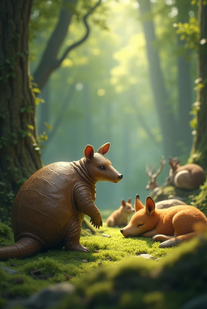 An armadillo watching animals sleep