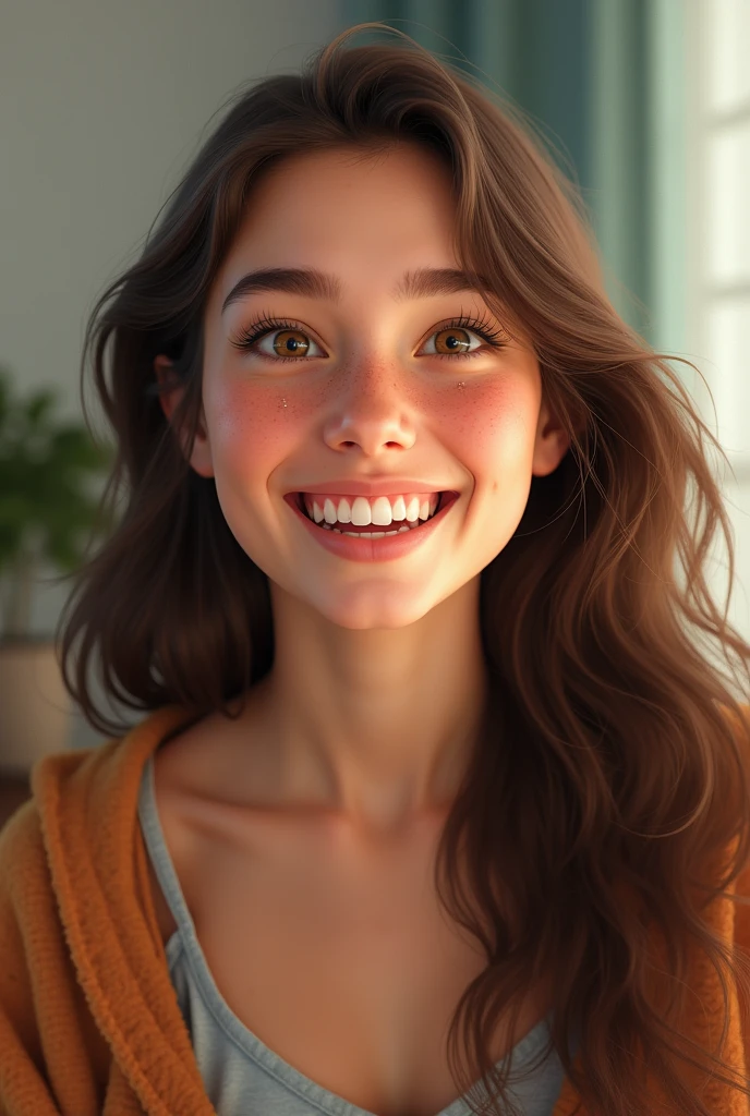 Brown hair,photorealism, masterpiece, wavy hair, open mouth, teen, small bust, highly detailed, offshoulder,1 girl(realistic:1.4), best quality, ultra high res,
4k, instagram,
higly detailed,
1 girl,
(pajama:1.4),
long hair, bangs,
black hair, black eyes,
at the bed,
smile,