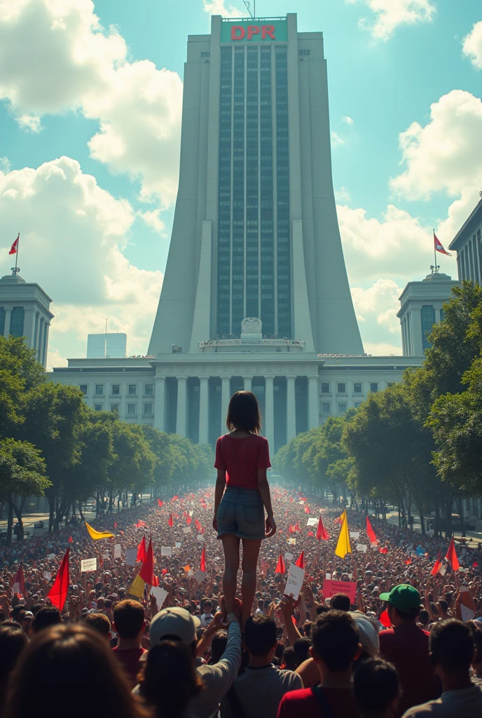 The DPR building in Jakarta with demonstrators behind and a woman sitting on top of the DPR building facing the front.
