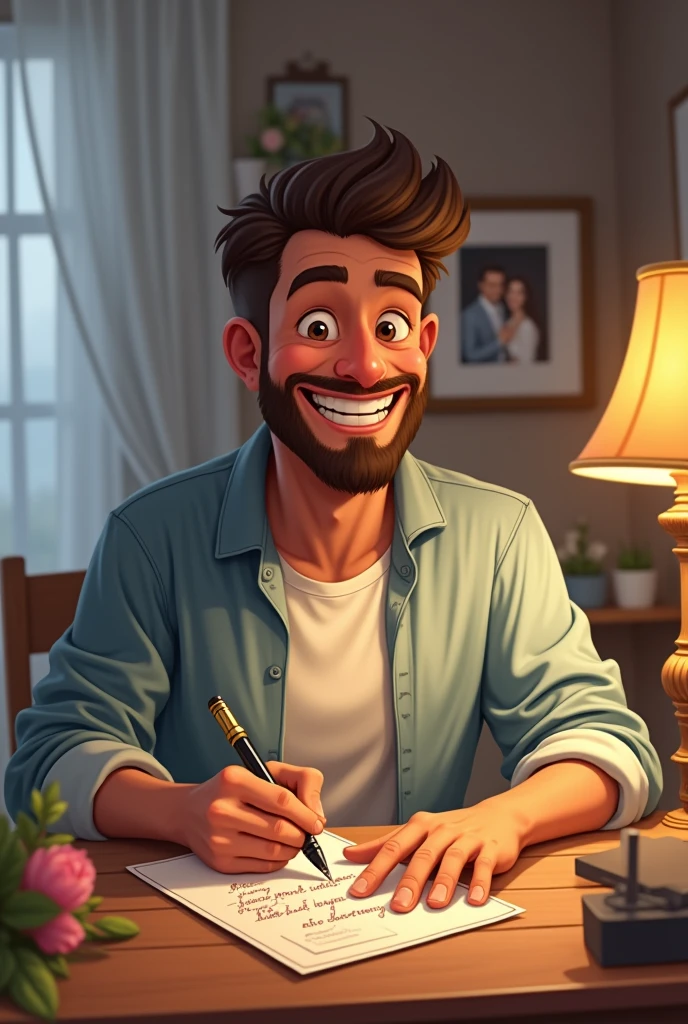 a very happy man is writing a postcard to his wife that says HAPPY 8TH MARRIAGE ANNIVERSARY dear
